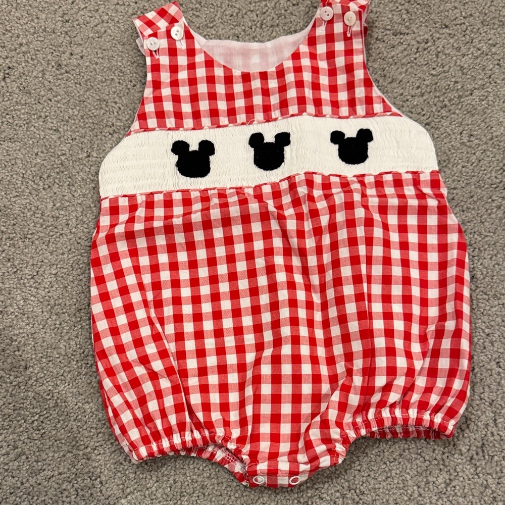 Red Gingham Smocked Baby One-Piece Bodysuit with Black Appliqué
